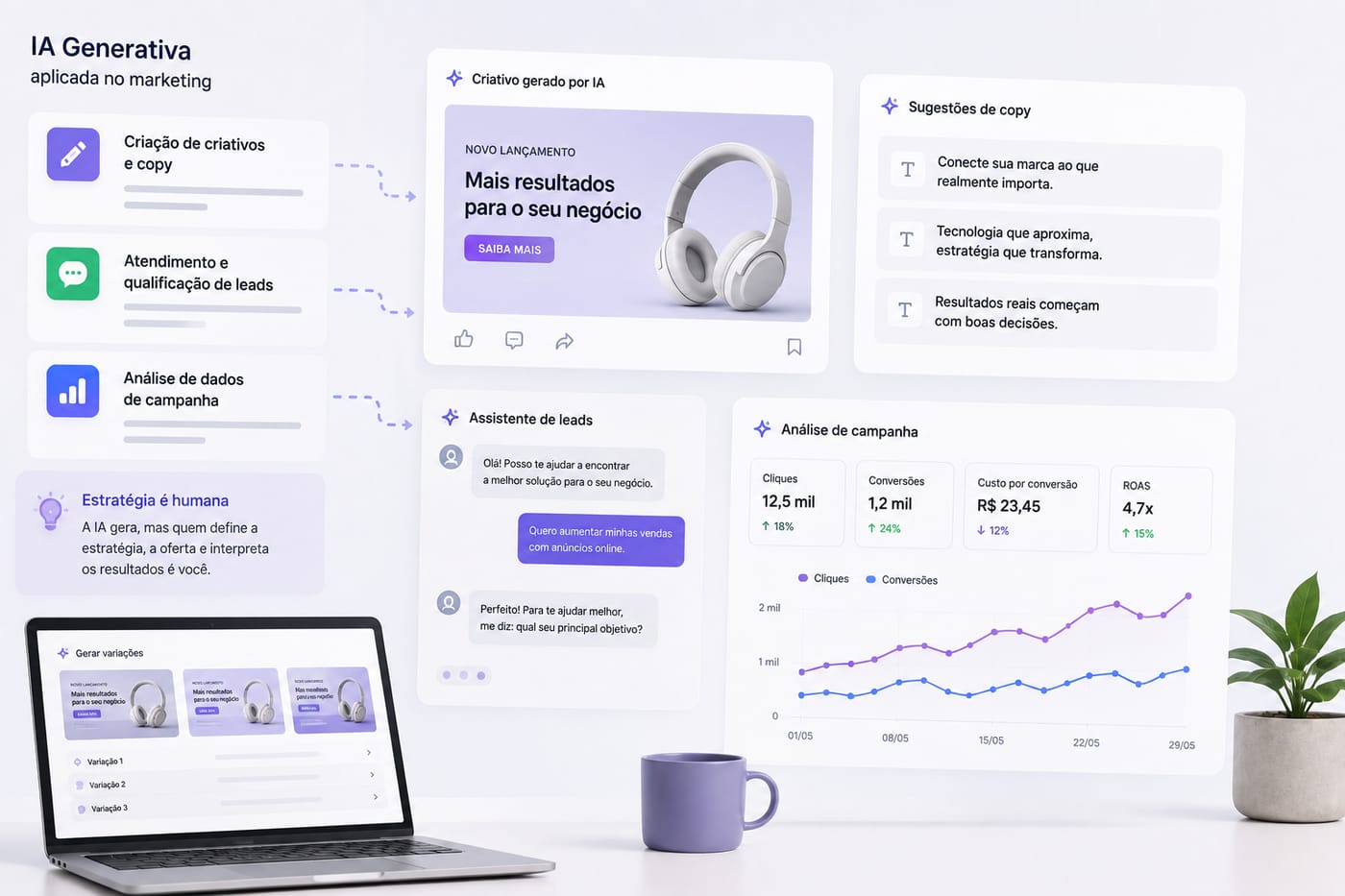 Painel de IA generativa no marketing mostrando criativo gerado por IA, sugestões de copy, assistente de leads e análise de campanha com cliques, conversões e ROAS